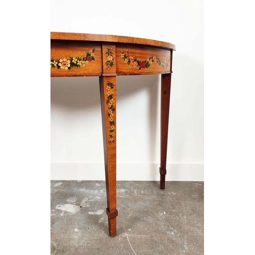 235 - SHERATON STYLE DEMI LUNE SIDE TABLE, late 20th century satinwood and floral painted, 77cm H x 113cm ... 