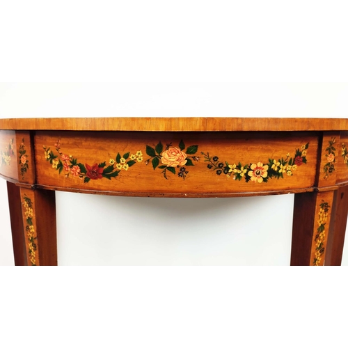 235 - SHERATON STYLE DEMI LUNE SIDE TABLE, late 20th century satinwood and floral painted, 77cm H x 113cm ... 