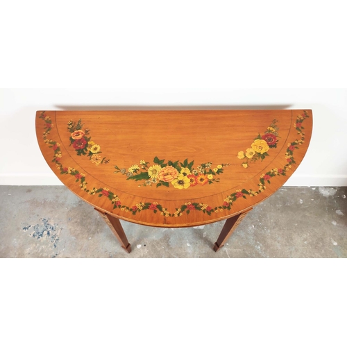 235 - SHERATON STYLE DEMI LUNE SIDE TABLE, late 20th century satinwood and floral painted, 77cm H x 113cm ... 