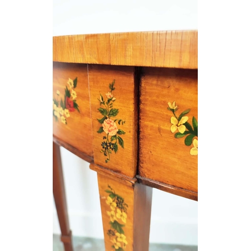 235 - SHERATON STYLE DEMI LUNE SIDE TABLE, late 20th century satinwood and floral painted, 77cm H x 113cm ... 