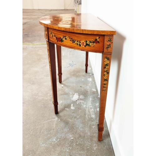 235 - SHERATON STYLE DEMI LUNE SIDE TABLE, late 20th century satinwood and floral painted, 77cm H x 113cm ... 