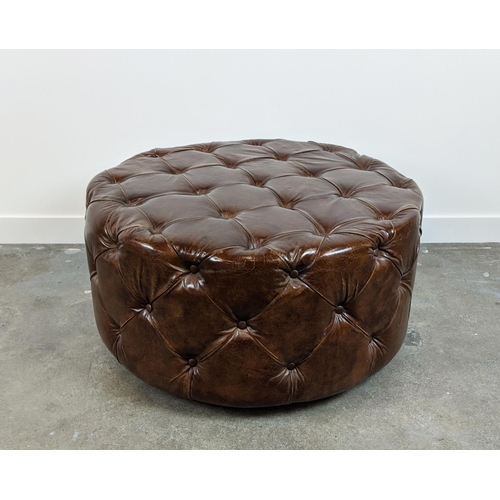 236 - REVOLVING STOOL, circular buttoned brown leather, 50cm H x 100cm D.