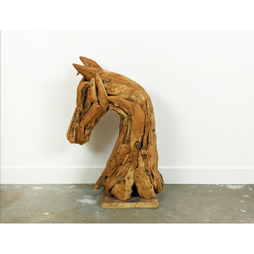 380 - DRIFTWOOD HORSE HEAD SCULPTURE, ON STAND, 88cm H x 55cm W.