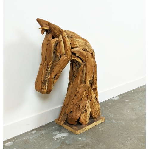 380 - DRIFTWOOD HORSE HEAD SCULPTURE, ON STAND, 88cm H x 55cm W.