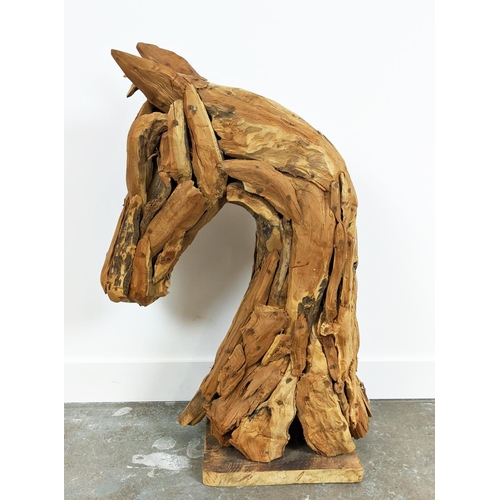 380 - DRIFTWOOD HORSE HEAD SCULPTURE, ON STAND, 88cm H x 55cm W.