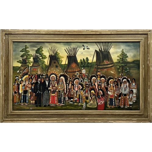 66 - JOHN SUNDANCE KING (1955-1975), 'Abraham Lincoln meeting the chiefs of the Sioux Indians 1967', oil ... 