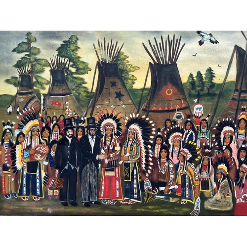 66 - JOHN SUNDANCE KING (1955-1975), 'Abraham Lincoln meeting the chiefs of the Sioux Indians 1967', oil ... 