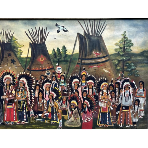 66 - JOHN SUNDANCE KING (1955-1975), 'Abraham Lincoln meeting the chiefs of the Sioux Indians 1967', oil ... 