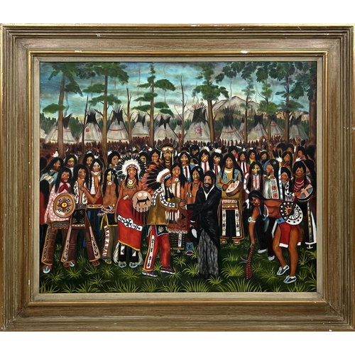 65 - JOHN SUNDANCE KING (1955-1975), 'Benjamin Armstrong meeting the chiefs 1968', oil on canvas, 62cm x ... 