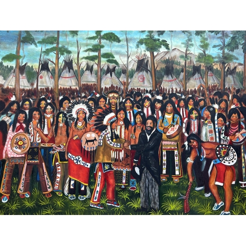 65 - JOHN SUNDANCE KING (1955-1975), 'Benjamin Armstrong meeting the chiefs 1968', oil on canvas, 62cm x ... 