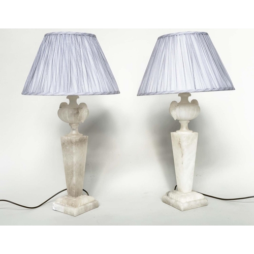 252 - ALABASTER LAMPS, a pair, Italian alabaster each with urn surmount and facetted graduated column, wit... 