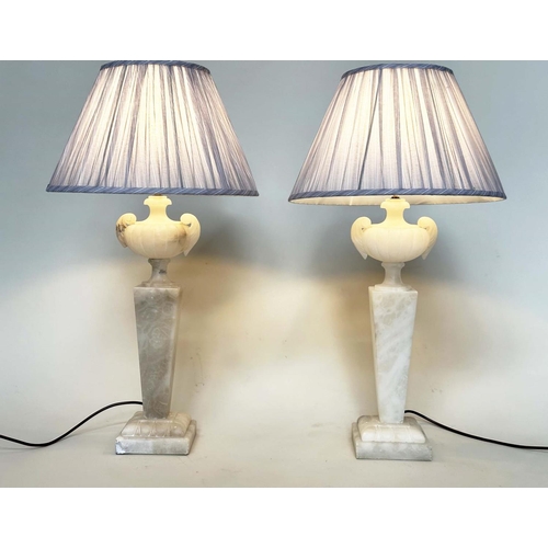 252 - ALABASTER LAMPS, a pair, Italian alabaster each with urn surmount and facetted graduated column, wit... 