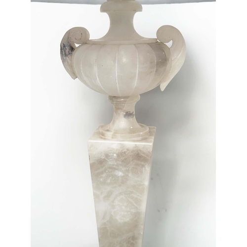 252 - ALABASTER LAMPS, a pair, Italian alabaster each with urn surmount and facetted graduated column, wit... 