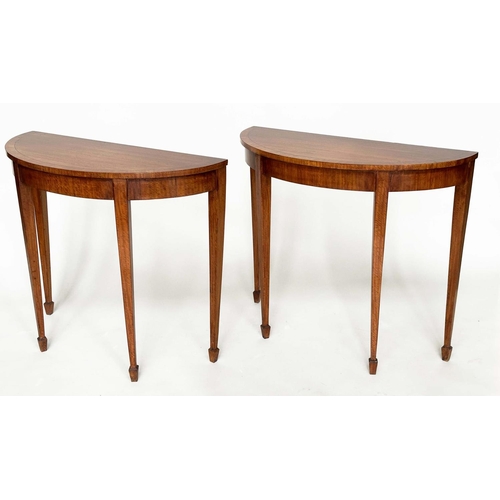 253 - PIER TABLES, a pair, George III design satinwood and crossbanded each demilune with square tapering ... 