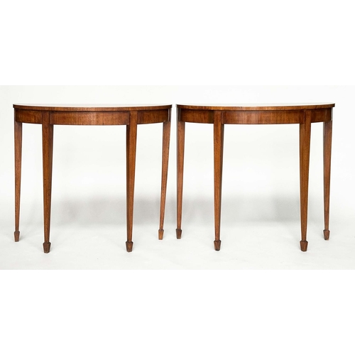 253 - PIER TABLES, a pair, George III design satinwood and crossbanded each demilune with square tapering ... 