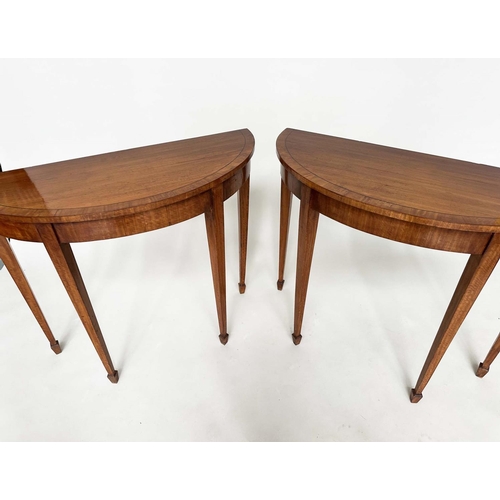 253 - PIER TABLES, a pair, George III design satinwood and crossbanded each demilune with square tapering ... 