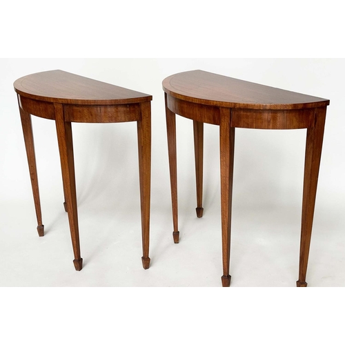 253 - PIER TABLES, a pair, George III design satinwood and crossbanded each demilune with square tapering ... 