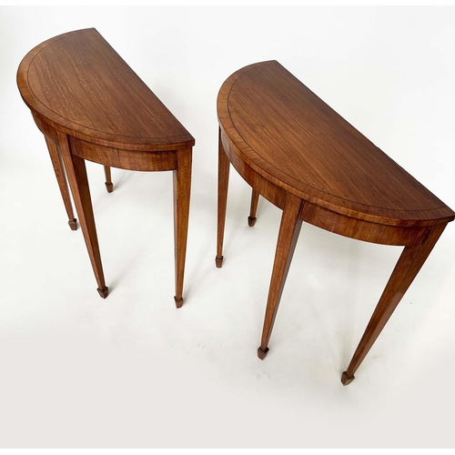 253 - PIER TABLES, a pair, George III design satinwood and crossbanded each demilune with square tapering ... 