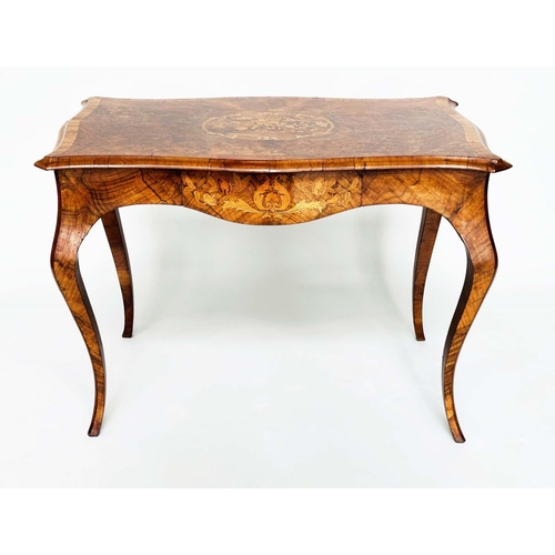 254 - CENTRE TABLE, Victorian burr walnut with satinwood crossbanding and foliate marquetry on cabriole su... 