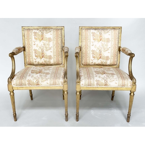 255 - FAUTEUILS, a pair, 19th century giltwood each with down swept arms and carved fluted supports, 60cm ... 