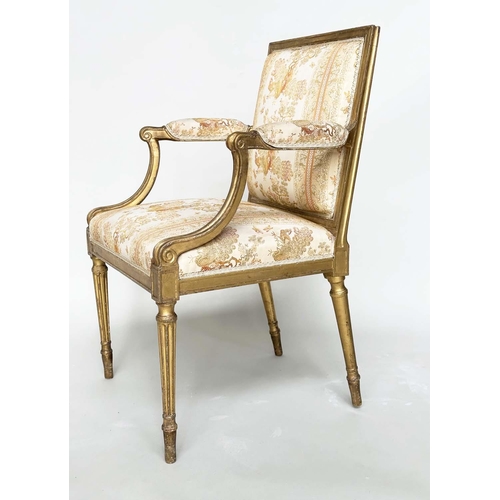 255 - FAUTEUILS, a pair, 19th century giltwood each with down swept arms and carved fluted supports, 60cm ... 