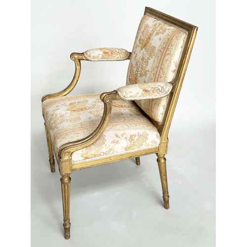 255 - FAUTEUILS, a pair, 19th century giltwood each with down swept arms and carved fluted supports, 60cm ... 