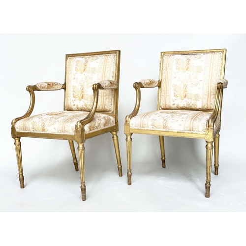 255 - FAUTEUILS, a pair, 19th century giltwood each with down swept arms and carved fluted supports, 60cm ... 