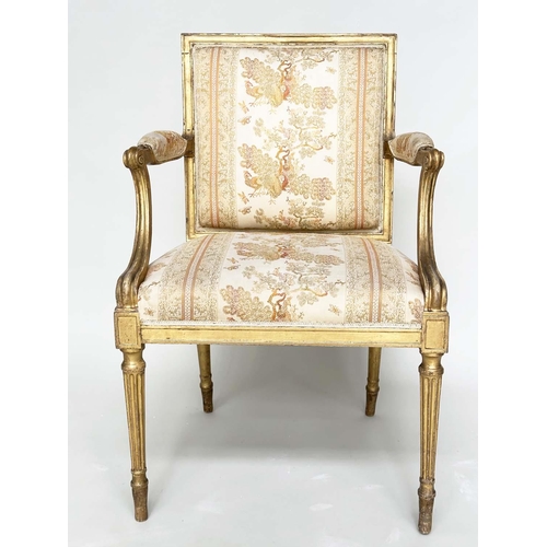 255 - FAUTEUILS, a pair, 19th century giltwood each with down swept arms and carved fluted supports, 60cm ... 