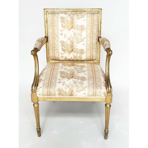 255 - FAUTEUILS, a pair, 19th century giltwood each with down swept arms and carved fluted supports, 60cm ... 