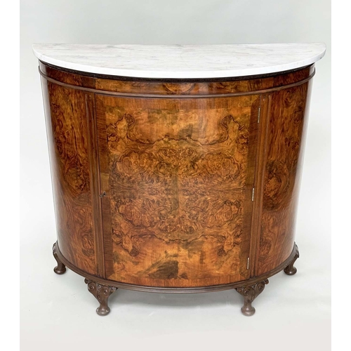 262 - DEMI LUNE PIER CABINET, early 20th century burr walnut with variegated Carrara white marble top and ... 