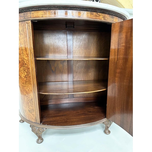 262 - DEMI LUNE PIER CABINET, early 20th century burr walnut with variegated Carrara white marble top and ... 