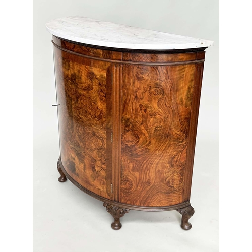 262 - DEMI LUNE PIER CABINET, early 20th century burr walnut with variegated Carrara white marble top and ... 