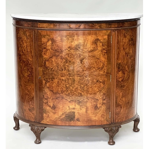 262 - DEMI LUNE PIER CABINET, early 20th century burr walnut with variegated Carrara white marble top and ... 