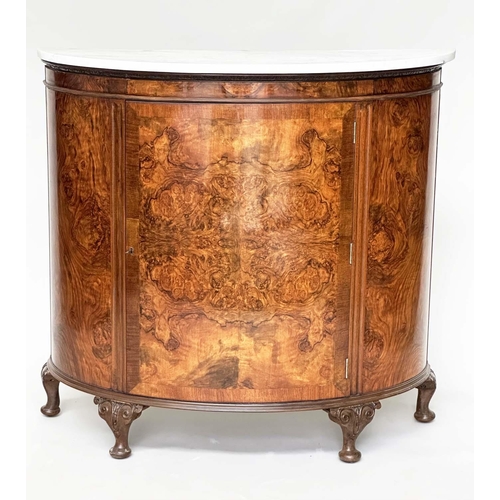 262 - DEMI LUNE PIER CABINET, early 20th century burr walnut with variegated Carrara white marble top and ... 