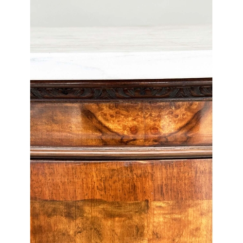 262 - DEMI LUNE PIER CABINET, early 20th century burr walnut with variegated Carrara white marble top and ... 