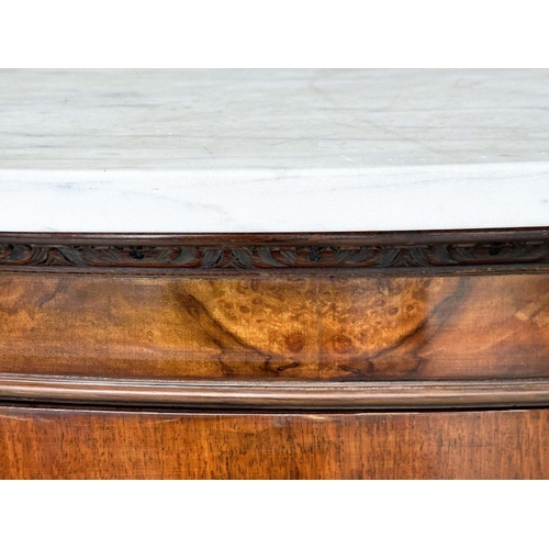 262 - DEMI LUNE PIER CABINET, early 20th century burr walnut with variegated Carrara white marble top and ... 