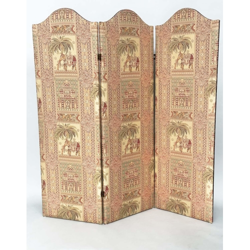 263 - SCREEN, three fold arched 'Raj' fabric, upholstered with elephants and palm trees and brass studded,... 