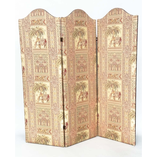 263 - SCREEN, three fold arched 'Raj' fabric, upholstered with elephants and palm trees and brass studded,... 