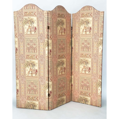 263 - SCREEN, three fold arched 'Raj' fabric, upholstered with elephants and palm trees and brass studded,... 