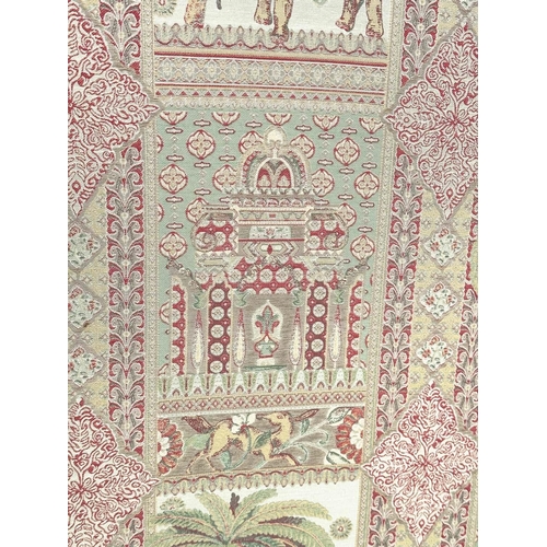 263 - SCREEN, three fold arched 'Raj' fabric, upholstered with elephants and palm trees and brass studded,... 