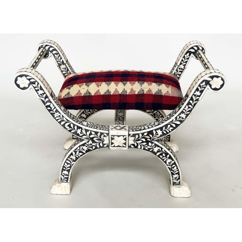 265 - WINDOW SEAT, Moorish style bone star and mosaic inlaid with Kelim upholstered cushion, 72cm W x 37cm... 