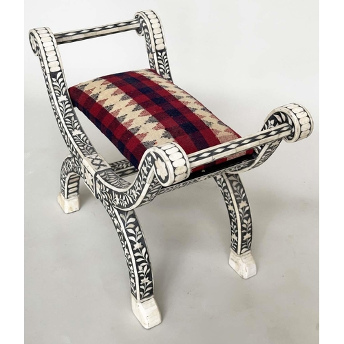 265 - WINDOW SEAT, Moorish style bone star and mosaic inlaid with Kelim upholstered cushion, 72cm W x 37cm... 