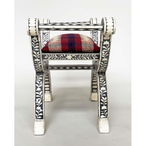 265 - WINDOW SEAT, Moorish style bone star and mosaic inlaid with Kelim upholstered cushion, 72cm W x 37cm... 