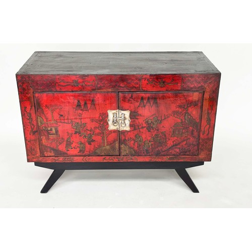 267 - CHINESE CABINET ON STAND, 19th century scarlet lacquered and gilt polychrome decorated with two door... 