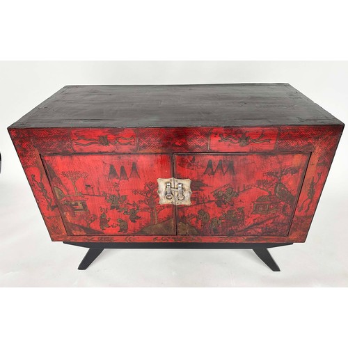 267 - CHINESE CABINET ON STAND, 19th century scarlet lacquered and gilt polychrome decorated with two door... 