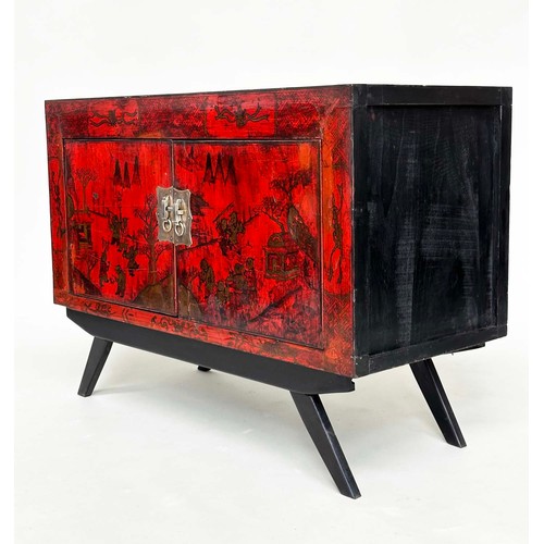 267 - CHINESE CABINET ON STAND, 19th century scarlet lacquered and gilt polychrome decorated with two door... 