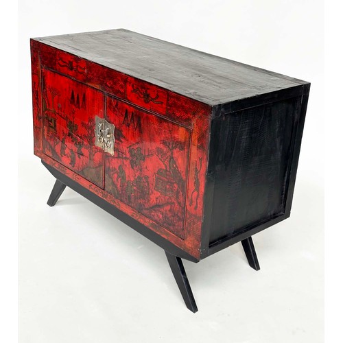 267 - CHINESE CABINET ON STAND, 19th century scarlet lacquered and gilt polychrome decorated with two door... 