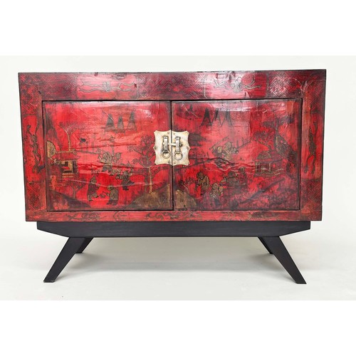 267 - CHINESE CABINET ON STAND, 19th century scarlet lacquered and gilt polychrome decorated with two door... 