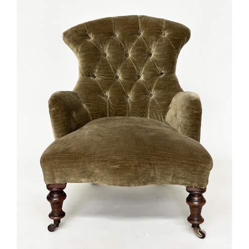 268 - ARMCHAIR, Victorian green velvet upholstered with buttoned back, serpentine front and turned support... 