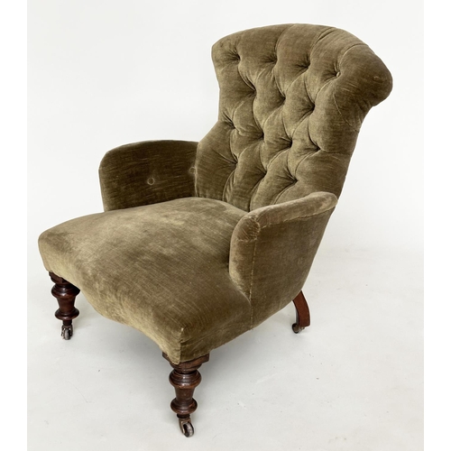 268 - ARMCHAIR, Victorian green velvet upholstered with buttoned back, serpentine front and turned support... 